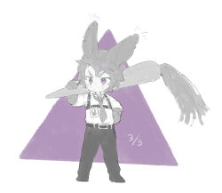 Rule 34 | 1boy, animal ears, animal hands, belt, carrot, chest harness, collared shirt, full body, greyscale, harness, heathcliff (project moon), id card, limbus company, monochrome, necktie, notched ear, pants, project moon, purple eyes, rabbit ears, shirt, shoes, solo, spot color, uchimura (rino0525)