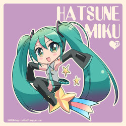Rule 34 | 1girl, caffein, character name, detached sleeves, green eyes, green hair, hatsune miku, highres, long hair, matching hair/eyes, necktie, open mouth, outstretched arms, sitting, skirt, sleeves past wrists, solo, spread arms, star (symbol), thighhighs, twintails, very long hair, vocaloid
