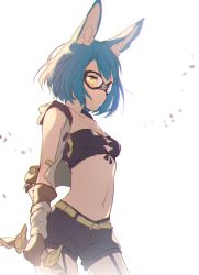Rule 34 | 1girl, animal ear fluff, animal ears, aqua hair, bandeau, belt, black shorts, bow (weapon), breasts, brown gloves, calm mashiro, closed mouth, collarbone, cowboy shot, cropped vest, expressionless, garter straps, gloves, goggles, grey vest, holding, holding bow (weapon), holding weapon, hood, hood down, hooded vest, hound (sekaiju), looking away, midriff, navel, etrian odyssey, sekaiju no meikyuu 5, short hair, short shorts, shorts, small breasts, solo, standing, vest, weapon, white background, yellow eyes