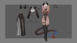 Rule 34 | 1girl, absurdres, aiko (less), arms behind head, bell, black sclera, boots, breasts, character name, colored sclera, commentary, demon girl, demon horns, demon tail, english commentary, full body, gloves, grey hair, highres, horns, large breasts, leotard, less, long hair, looking at viewer, one eye closed, original, shrug (clothing), skirt, smile, solo, standing, tail, thigh boots, thigh strap, thighhighs