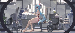 Rule 34 | 1girl, absurdres, bare arms, bare legs, barefoot, blue hair, feet, from side, ganyu (genshin impact), genshin impact, goat horns, highres, horns, indoors, lamp, long hair, looking at viewer, qianchenyu77, sidelocks, sitting, soles, solo, stool, toes, vase, wide shot