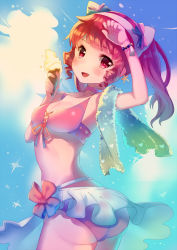 Rule 34 | 1girl, arm up, ass, bikini, bracelet, breasts, choker, cleavage, cowboy shot, earrings, fang, food, front-tie top, gradient background, hand to head, highres, hikari no, holding, ice cream, jewelry, long hair, open mouth, original, ponytail, red eyes, red hair, solo, swimsuit, towel, twisted torso, visor cap