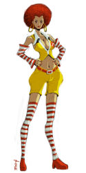 Rule 34 | 1girl, afro, belt, breasts, cleavage, dark-skinned female, dark skin, detached sleeves, earrings, genderswap, genderswap (mtf), james chung, jewelry, large breasts, lips, mcdonald&#039;s, navel, red eyes, red hair, ronald mcdonald, satire, shorts, solo, striped clothes, striped thighhighs, thighhighs