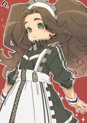 Rule 34 | 1girl, :3, ?, alternate costume, apron, blush stickers, brown hair, commentary, enmaided, enuma (uma-festival), green eyes, green jacket, highres, idolmaster, idolmaster cinderella girls, jacket, jersey maid, kusakabe wakaba, long hair, long sleeves, looking afar, maid, maid apron, maid headdress, parted bangs, red background, sleeves pushed up, solo, sparkle, thick eyebrows, track jacket, twintails, unconventional maid, very long hair, wavy hair, white apron, wristband, zipper, zipper pull tab