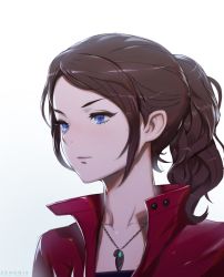 Rule 34 | 1girl, blue eyes, brown hair, claire redfield, highres, jacket, jewelry, long hair, necklace, ponytail, resident evil, resident evil 2, simple background, solo, white background, zeronis