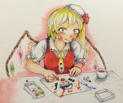 Rule 34 | 1girl, blonde hair, breasts, child&#039;s drawing, closed mouth, collared shirt, crayon, crystal, cup, fang, fang out, flandre scarlet, hat, holding, holding crayon, looking at viewer, marker (medium), medium hair, mob cap, multicolored wings, necktie, one side up, paper, red eyes, red vest, remilia scarlet, shirt, simple background, small breasts, solo, teacup, touhou, traditional media, umikaji, upper body, vest, white background, white hat, white shirt, wings, yellow necktie
