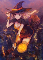 Rule 34 | 1girl, bat (animal), blonde hair, bodice, breasts, bridal gauntlets, broom, broom riding, building, capelet, caplet, chaang, city, cityscape, cleavage, dusk, english text, floating hair, flying, full body, gloves, halloween, hand on headwear, hat, highres, jack-o&#039;-lantern, light particles, light smile, long hair, looking at viewer, miniskirt, orange thighhighs, original, outdoors, purple eyes, single glove, skirt, sky, solo, thighhighs, tower, watermark, witch, witch hat, wrist cuffs