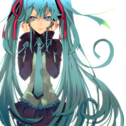 Rule 34 | 1girl, aqua eyes, aqua hair, bad id, bad pixiv id, female focus, hair ribbon, hatsune miku, long hair, manyako (mohumohu), necktie, ribbon, skirt, smile, solo, twintails, very long hair, vocaloid, white background