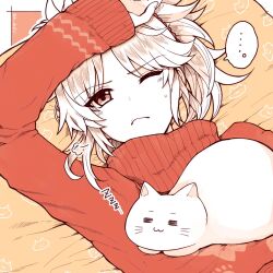 Rule 34 | ..., 1girl, = =, animal, animal print, arm on own head, aruti, blonde hair, cat, cat print, closed mouth, commentary, fate/grand order, fate (series), frown, hair ornament, hair scrunchie, highres, limited palette, looking at viewer, lying, mordred (fate), on back, one eye closed, puff of air, red scrunchie, red sweater, scrunchie, spoken ellipsis, sweatdrop, sweater, turtleneck, turtleneck sweater