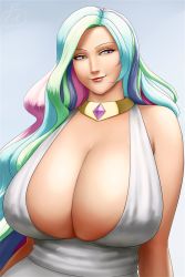 Rule 34 | 1girl, bare shoulders, breasts, celestia (my little pony), cleavage, gigantic breasts, highres, huge breasts, jewelry, lips, long hair, lvl (sentrythe2310), multicolored hair, my little pony, my little pony: friendship is magic, necklace, personification, pink eyes, signature, smile, solo
