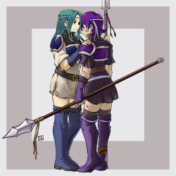 Rule 34 | 2girls, aqua hair, armor, armored dress, arms at sides, belt, black dress, blue eyes, blue footwear, blue gloves, blue hair, blue thighhighs, boots, breastplate, closed mouth, dlanon, dress, farina, farina (fire emblem), female focus, fingerless gloves, fiora, fiora (fire emblem), fire emblem, fire emblem: the blazing blade, full body, gloves, hand on another&#039;s shoulder, headband, holding, holding weapon, hug, injury, legs, long hair, looking at another, looking down, multiple girls, nintendo, pauldrons, pegasus knight uniform (fire emblem), pleated dress, polearm, sad, short hair, short sleeves, shoulder armor, siblings, side slit, simple background, sisters, smile, spear, standing, thigh boots, thighhighs, uniform, weapon, white dress, white uniform