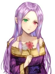 Rule 34 | 1girl, closed mouth, dress, fire emblem, fire emblem: the binding blade, flower, green eyes, heterochromia, holding, holding flower, idunn (fire emblem), jurge, long hair, long sleeves, nintendo, pointy ears, purple hair, red eyes, sidelocks, simple background, smile, solo, strapless, strapless dress, upper body, white background, wide sleeves