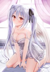 Rule 34 | 1girl, angel wings, artist name, bed sheet, between legs, black ribbon, blush, breasts, camisole, cleavage, collarbone, commentary request, curtains, feathers, hair between eyes, hair ribbon, hand between legs, highres, indoors, long hair, looking at viewer, medium breasts, nichika (nitikapo), original, red eyes, ribbon, sidelocks, silver hair, sitting, solo, strap slip, twintails, very long hair, wariza, white camisole, window, wings
