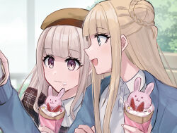 Rule 34 | 2girls, aoki shizumi, blonde hair, blue eyes, blue jacket, brown hair, character request, closed mouth, collared shirt, commentary, crepe, d4dj, day, food, food on face, fukushima noa, grey eyes, hair bun, hand on another&#039;s arm, highres, holding, holding food, holding phone, jacket, light brown hair, long hair, multiple girls, open mouth, outdoors, phone, shirt, smile, white shirt