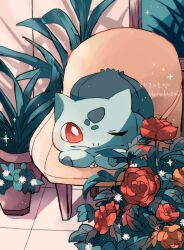 Rule 34 | animal focus, artist name, bulbasaur, closed mouth, colored skin, commentary request, creatures (company), flower, game freak, gen 1 pokemon, green skin, hanabusaoekaki, highres, nintendo, no humans, one eye closed, plant, pokemon, pokemon (creature), potted plant, red eyes, red flower