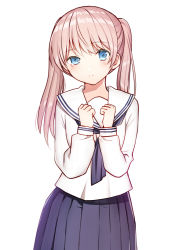 Rule 34 | 1girl, bad id, bad pixiv id, blue eyes, blue neckwear, blue skirt, blush, closed mouth, commentary request, hair between eyes, half-closed eye, hands up, kurata rine, light brown hair, light smile, long sleeves, original, pleated skirt, sailor collar, school uniform, serafuku, shirt, simple background, skirt, solo, tears, twintails, uneven eyes, white background, white sailor collar, white shirt