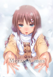 Rule 34 | 1girl, aqua eyes, blue eyes, blush, brown hair, chobipero, christmas, coat, hair ornament, hairclip, highres, loafers, long hair, merry christmas, open mouth, original, outstretched arms, outstretched hand, scarf, shoes, snow, solo, white scarf, winter clothes