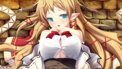Rule 34 | 1girl, aqua eyes, bare shoulders, blonde hair, blue eyes, blush, breasts, bursting breasts, cleavage, covered erect nipples, eushully, female focus, game cg, impossible clothes, kami no rhapsody, large breasts, long hair, looking at viewer, lutriche, lying, mitsuki, open mouth, pointy ears, solo, sweat, upper body, wallpaper, yakuri