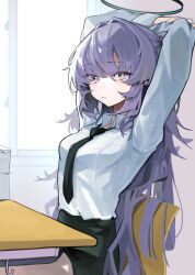 Rule 34 | 1girl, arms up, black necktie, black skirt, blue archive, breasts, chair, collared shirt, commentary, desk, eyebrows hidden by hair, hair between eyes, halo, highres, long hair, long sleeves, looking at viewer, mechanical halo, movik, necktie, papers, purple eyes, purple hair, school desk, shirt, sitting, skirt, solo, symbol-only commentary, white shirt, window, yuuka (blue archive)