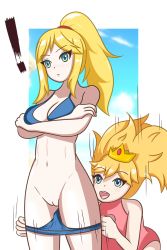 Rule 34 | 2girls, artist request, assisted exposure, bare shoulders, bikini, bikini pull, blonde hair, blue bikini, blue eyes, blue sky, blush, border, bottomless, breast hold, breasts, cleavage, cleft of venus, clothes pull, cloud, cloudy sky, crossed arms, crossover, crown, day, high ponytail, jewelry, large breasts, long hair, looking ahead, looking at another, mario (series), medium breasts, metroid, mole, mole under mouth, multiple girls, navel, nintendo, one-piece swimsuit, open mouth, outdoors, outside border, pantsing, pink one-piece swimsuit, ponytail, princess peach, pulling another&#039;s clothes, pussy, samus aran, sidelocks, sky, source request, swimsuit, teeth, undressing, upper teeth only, white border