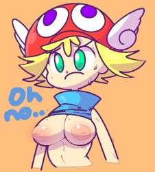 Rule 34 | 1girl, amitie (puyopuyo), blonde hair, blue shirt, breasts, closed mouth, clothes lift, cropped torso, english text, female focus, green eyes, hat, high collar, inverted nipples, jaggy lines, large areolae, large breasts, orange background, puffy nipples, puyo (puyopuyo), puyopuyo, red hat, shirt, shirt lift, short hair, sidelocks, simple background, sleeveless, sleeveless shirt, solo, sweat, talking, upper body, vilepluff, winged hat