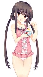 Rule 34 | 1girl, alternate hairstyle, black hair, brown eyes, center frills, collarbone, food, frills, hair bobbles, hair ornament, head tilt, highres, houraisan kaguya, jewelry, long hair, looking at viewer, low twintails, maturiuta sorato, necklace, one-piece swimsuit, open mouth, pendant, pink one-piece swimsuit, polka dot, shaved ice, simple background, solo, spoon, standing, swimsuit, thigh gap, touhou, twintails, very long hair, white background
