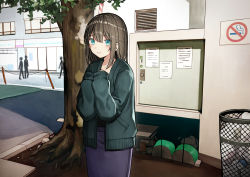 Rule 34 | 1girl, blue eyes, blush, brown hair, building, cardigan, closed mouth, commentary request, day, green cardigan, hair between eyes, hands up, kurata rine, long hair, long sleeves, looking at viewer, no smoking, open cardigan, open clothes, original, outdoors, purple skirt, revision, skirt, sleeves past wrists, solo focus, trash can, tree, window