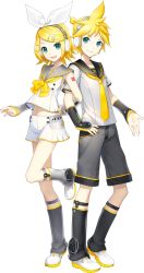 Rule 34 | 1boy, 1girl, arm warmers, blonde hair, brother and sister, child, green eyes, hair ornament, hairclip, headphones, highres, ixima, kagamine len, kagamine rin, leg up, leg warmers, navel, necktie, official art, sailor collar, shoes, short hair, shorts, siblings, simple background, smile, standing, standing on one leg, twins, v4x, vocaloid, white background