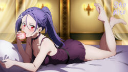Rule 34 | bare arms, bare back, bare legs, bare shoulders, barefoot, bed, bedroom, black pajamas, feet, feet up, hair ornament, hairclip, high ponytail, highres, long hair, looking at viewer, mito (sao), no panties, nuguri444, on bed, pajamas, pillow, ponytail, purple hair, red eyes, soles, sword art online, sword art online progressive