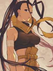 Rule 34 | 1girl, bandages, bare shoulders, black eyes, black hair, breasts, commentary request, crop top, hair strand, highres, ibuki (street fighter), long hair, looking at viewer, medium breasts, partial commentary, ponytail, scarf, sleeveless, street fighter, very long hair, wind, yellow scarf, yuenibushi