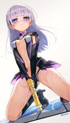 Rule 34 | akahuzi, black footwear, black leotard, blush, breasts, closed mouth, clothing cutout, dolphin wave, dripping, frown, gun, high heels, highres, holding, holding gun, holding water gun, holding weapon, impossible clothes, leotard, looking at viewer, looking down, medium hair, navel, navel cutout, purple eyes, purple hair, schnee weissberg, simple background, small breasts, water gun, weapon, wet, wet clothes, white background