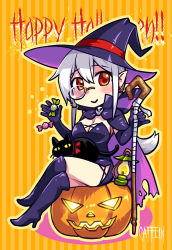 Rule 34 | 1girl, ahoge, animal, black cat, breasts, caffein, cat, chibi, cleavage, halloween, hat, headphones, jack-o&#039;-lantern, long hair, monocle, pointy ears, ponytail, red eyes, silver hair, sitting, solo, staff, very long hair, vocaloid, witch, witch hat, yowane haku
