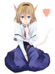 Rule 34 | 1girl, :3, alice margatroid, animal ears, blonde hair, blue eyes, blush, capelet, cat ears, cat tail, dress, finger to mouth, hairband, heart, kemonomimi mode, kneeling, looking at viewer, meiji (charisma serve), seiza, short hair, sitting, smile, solo, tail, touhou