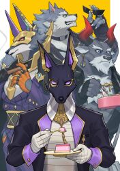 Rule 34 | 4boys, cake, cigar, commentary, cow boy, dislyte, djoser (atum) (dislyte), drew (anubis) (dislyte), food, freddy (fenrir) (dislyte), furry, furry male, furry with furry, highres, holding, holding bento, holding cigar, holding plate, holding removed eyewear, holding spoon, jackal boy, looking at object, multiple boys, plate, sander (set) (dislyte), simple background, smoke, spoon, symbol-only commentary, unworn eyewear, wolf boy, yow