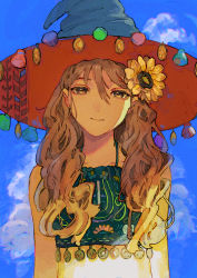 Rule 34 | 1girl, absurdres, bare shoulders, blue hat, blue sky, brown eyes, brown hair, buchi (qooo003), cloud, collarbone, commentary request, day, hair between eyes, halterneck, hat, highres, long hair, looking at viewer, original, outdoors, parted lips, sky, solo, summer, upper body, witch hat