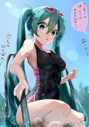 Rule 34 | absurdres, aqua eyes, aqua hair, black one-piece swimsuit, collarbone, competition swimsuit, day, goggles, goggles on head, hatsune miku, highres, lens flare, long hair, looking down, one-piece swimsuit, outdoors, ponshu (ponshuislife), pool, pool ladder, poolside, sitting, sky, swimsuit, thighs, tree, twintails, vocaloid, water