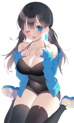 Rule 34 | 1girl, ;o, absurdres, bad id, bad pixiv id, bare shoulders, black hair, black thighhighs, blue eyes, blush, breasts, cleavage, collarbone, covered navel, earrings, eyelashes, hair between eyes, hands up, highres, hood, hood down, hooded jacket, hoodie, jacket, jewelry, large breasts, leotard, long hair, long sleeves, looking at viewer, low twintails, myao (o3o333), one eye closed, open clothes, open hoodie, open mouth, original, shoes, simple background, sitting, skindentation, sneakers, solo, stud earrings, teeth, thighhighs, twintails, unitard, upper teeth only, wariza, white background