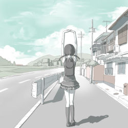 Rule 34 | 1girl, aerial, air conditioner, arms up, backpack, bag, building, cloud, day, from behind, full body, guard rail, house, kneehighs, monochrome, muted color, original, pleated skirt, power lines, road, shadow, skirt, sky, socks, solo, stretching, twintails, uni (plastic girl), utility pole, vanishing point