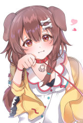 Rule 34 | 1girl, animal collar, animal ears, bone hair ornament, brown hair, collar, collarbone, commentary request, cray, dog ears, dog girl, dog tail, dress, hair between eyes, hair ornament, hair over shoulder, highres, hololive, inugami korone, inugami korone (1st costume), jacket, leash, long hair, pet play, red eyes, solo, tail, viewer holding leash, virtual youtuber, white background, white dress