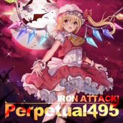 Rule 34 | 1girl, album cover, ame sagari, ascot, bad source, bat (animal), blonde hair, blush, center frills, cloud, cloudy sky, collared shirt, cover, crystal, crystal wings, english text, flandre scarlet, frilled cuffs, frilled hat, frilled shirt collar, frilled skirt, frilled sleeves, frills, full moon, hat, hat ribbon, iron attack!, long hair, mob cap, moon, night, non-web source, official art, one side up, open mouth, puffy short sleeves, puffy sleeves, red eyes, red ribbon, red skirt, red sky, red vest, red wrist cuffs, ribbon, sash, shirt, short sleeves, side ponytail, skirt, skirt set, sky, source request, sparkle, touhou, touhou cannonball, vest, white hat, white sash, white shirt, wrist cuffs, yellow ascot