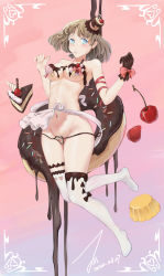 Rule 34 | 1girl, absurdres, apron, apron lift, bare shoulders, black bow, blue eyes, blush, bow, breasts, brown gloves, brown hair, brown hat, cake, cake slice, candy, cherry, chocolate, chocolate cake, chocolate doughnut, chocolate on body, chocolate on breasts, clothes lift, clothing cutout, collarbone, commentary request, cream, dated, doughnut, food, food on body, food on breasts, frills, fruit, gloves, groin, hat, heart, heart cutout, heart print, highres, janload1ng, knees together feet apart, large breasts, leg up, lollipop, looking at viewer, medium breasts, micro panties, mini hat, navel, no bra, no shoes, open clothes, original, panties, pink background, pudding, short hair, side-tie panties, signature, single glove, solo, stomach, string panties, thighhighs, underwear, untied panties, white apron, white thighhighs
