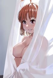 Rule 34 | 1girl, ahoge, blush, breasts, brown eyes, commentary request, completely nude, covered erect nipples, covering privates, curtains, highres, igarashi kyouhei, looking at viewer, love live!, love live! sunshine!!, medium breasts, nipples, nude, nude cover, orange hair, see-through, short hair, smile, solo, takami chika