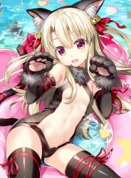 Rule 34 | 1girl, animal ears, animal hands, black gloves, black leotard, black thighhighs, blush, breasts, cat ears, cat tail, commentary request, dangeroes beast (illya), elbow gloves, fake animal ears, fate/grand order, fate/kaleid liner prisma illya, fate (series), fujima takuya, fur trim, gloves, hair between eyes, illyasviel von einzbern, innertube, leotard, long hair, looking at viewer, lying, navel, official alternate costume, on back, open mouth, paw gloves, red eyes, revision, shiny skin, small breasts, solo, swim ring, tail, thighhighs, water, white hair