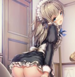 Rule 34 | 1girl, apron, ass, black dress, blue bow, blue eyes, blurry, blurry background, blurry foreground, bow, breasts, brown hair, depth of field, door, dress, hair between eyes, head tilt, highres, indoors, juliet sleeves, leaning forward, long hair, long sleeves, looking at viewer, looking back, maid, maid apron, maid headdress, missile228, original, puffy sleeves, small breasts, solo, white apron, white bow