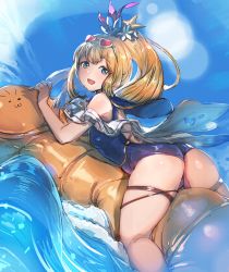 Rule 34 | 1girl, :d, ass, baerun, blonde hair, blue eyes, blue one-piece swimsuit, blue sky, blurry, bokeh, bow (bhp), cagliostro (granblue fantasy), cagliostro (summer) (granblue fantasy), day, depth of field, eyewear on head, granblue fantasy, heart, heart-shaped eyewear, kneepits, long hair, looking at viewer, looking back, ocean, one-piece swimsuit, open mouth, outdoors, ponytail, red-tinted eyewear, skindentation, sky, smile, solo, sunglasses, swimsuit, thigh strap, tinted eyewear, waves