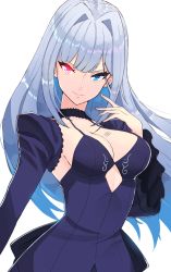 Rule 34 | 1girl, absurdres, blue eyes, breast tattoo, breasts, cleavage, cleavage cutout, closed mouth, clothing cutout, dress, ethel (xenoblade), fate (series), grey hair, grimmelsdathird, heterochromia, highres, large breasts, long hair, looking at viewer, red eyes, simple background, solo, tattoo, upper body, very long hair, white background, xenoblade chronicles (series), xenoblade chronicles 3