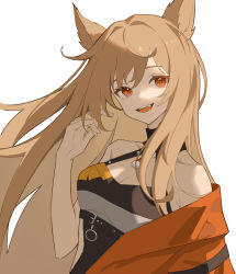 Rule 34 | 1girl, ahoge, animal ears, arknights, belt, belt buckle, blonde hair, breasts, buckle, ceobe (arknights), ceobe (summer flowers) (arknights), collar, commentary request, dog ears, dress, fang, from side, hair between eyes, hand in own hair, highres, jacket, lock, long hair, looking at viewer, off-shoulder dress, off shoulder, official alternate costume, open mouth, padlock, padlocked collar, pingdiguo, red eyes, red jacket, simple background, smile, solo, upper body, white background