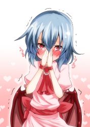 Rule 34 | 1girl, ascot, bat wings, blue hair, blush, brooch, covering own mouth, heart, jewelry, looking back, no headwear, own hands together, red eyes, remilia scarlet, simple background, skirt, skirt set, solo, takorice, touhou, trembling, wings, wristband