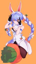 Rule 34 | 1girl, :3, absurdres, animal ear fluff, animal ears, black gloves, blue hair, blush, bow, braid, carrot hair ornament, closed mouth, commentary request, detached sleeves, don-chan (usada pekora), dress, food-themed hair ornament, gloves, hair between eyes, hair bow, hair ornament, highres, hololive, long hair, looking at viewer, mcbox, multicolored hair, orange eyes, pantyhose, rabbit ears, rabbit girl, rabbit tail, short eyebrows, short sleeves, solo, strapless, strapless dress, stuffed carrot, tail, thick eyebrows, twin braids, twintails, two-tone hair, usada pekora, usada pekora (1st costume), virtual youtuber, white bow, white dress, white hair