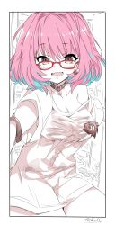 Rule 34 | 1girl, ahoge, breasts, cleavage, collarbone, commentary request, fang, glasses, heart on chest, highres, idolmaster, idolmaster cinderella girls, kugimiya atsuki, looking at viewer, monochrome, multicolored hair, pink hair, sepia, shirt, short hair, short sleeves, solo, t-shirt, two-tone hair, yumemi riamu